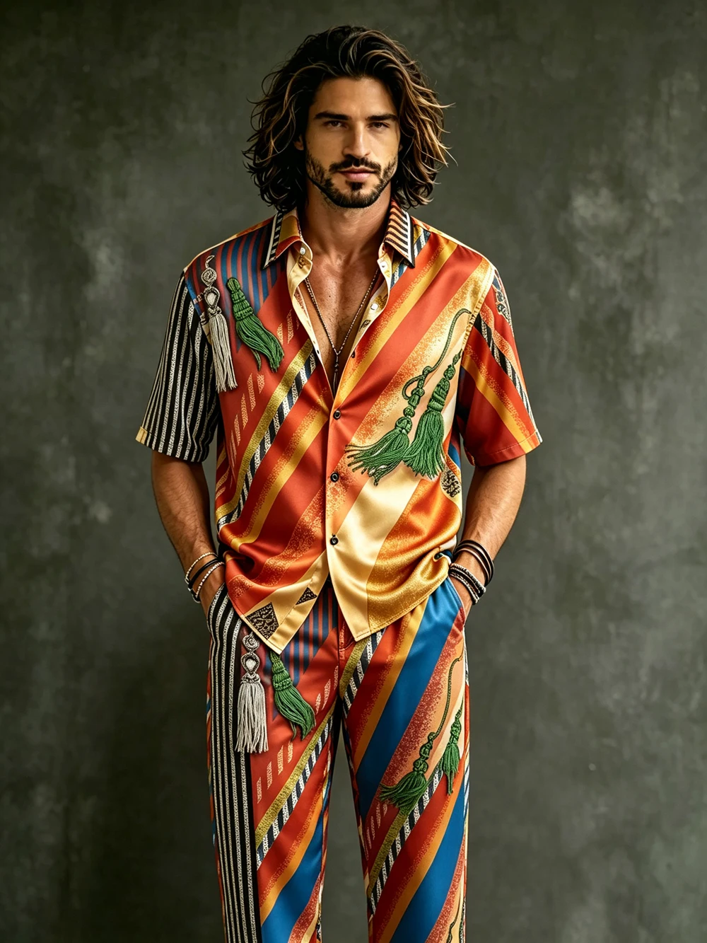 2026 Yapa Men's Short-Sleeve Shirt 2-Piece Set, 10 Colors, Irregular Print Shirts, Party, Performance, Nightclub, Festival Men's