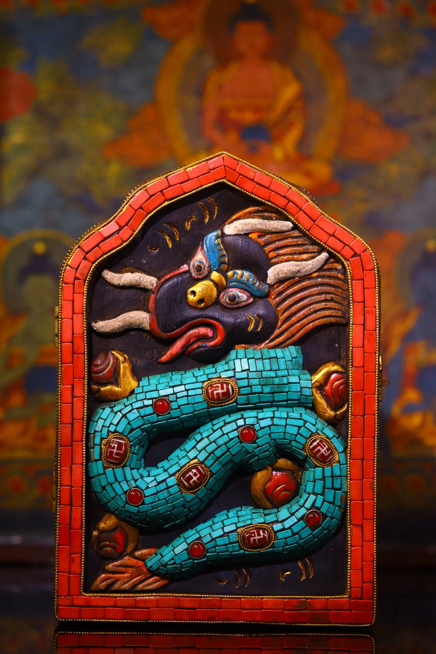 Old Bronze Painted Mosaic Gem gZi Beads Turquoise Scripture pattern Buddha Bell Vajra Amulet Dragon Pattern Bodhi Root Box