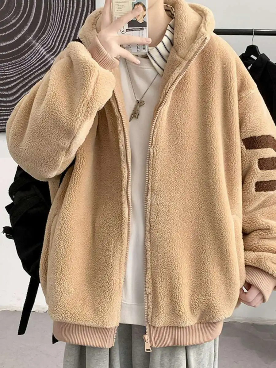 معطف شتوي للرجال من فراء الخروف مع غطاء للرأس من القطن كاجوال طويل بسحاب للإغلاق معطف مملوء بالبوليستر ملون #4