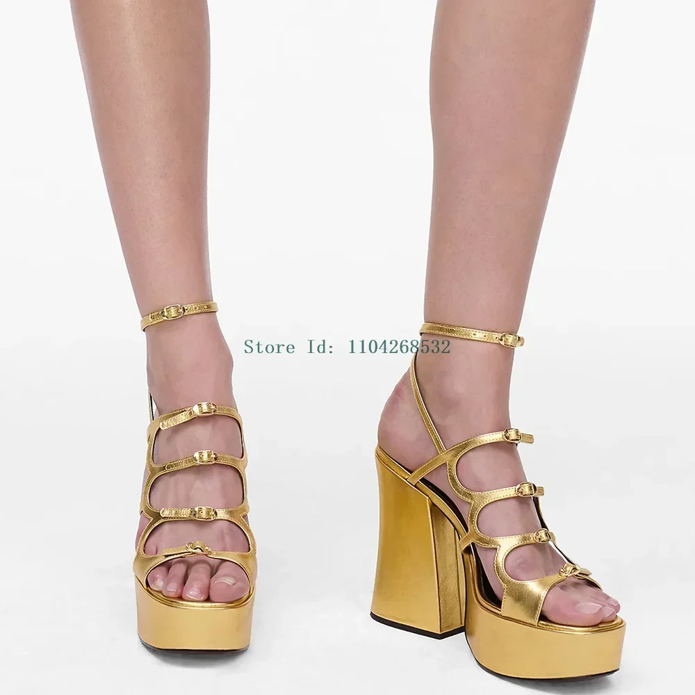 

Plaftorm Multi Strap Open The Toe Shoes Sexy Square Toe Thick Heel Patent Leather New Arrivals Fashion Womne Runway Shoes