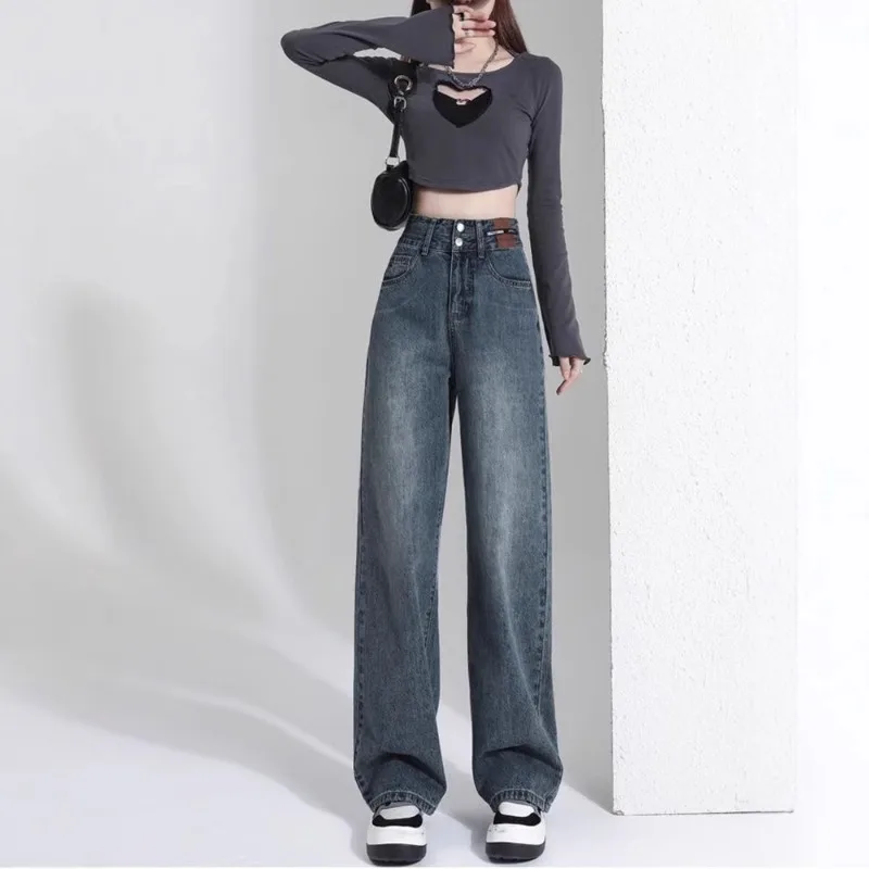 New Woman Korean Double Buckle Design Jeans Female Winter Snow Warm Thermal Plush Pants Girls Popular High Waist Denim Trousers