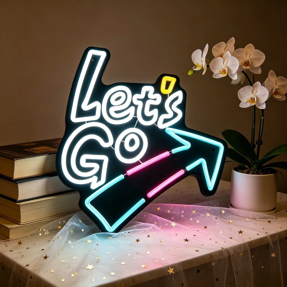 Lets Go Arrow Neon Sign LED USB Rechargeable Travel Theme Night Light for Home Bedroom Dorm Room Adventure Decoration