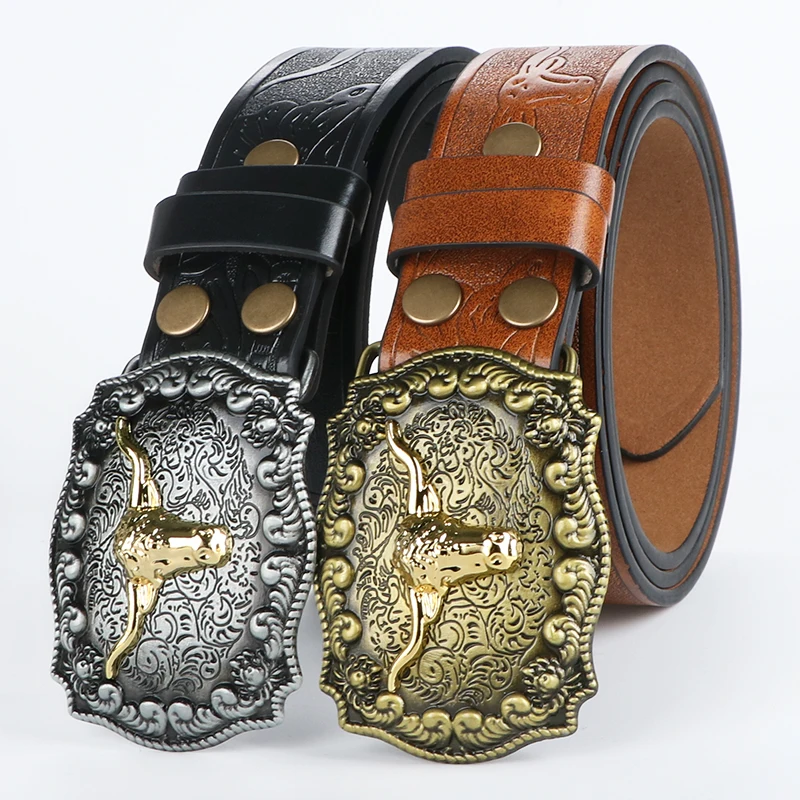 Mens Western Belt - Cowboy Belt for Men - Vintage Engraved & Embossed Buckle