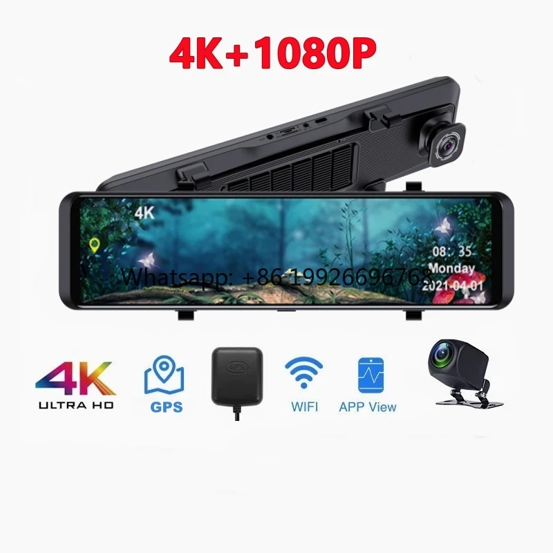 

4K 12 Inch Rearview Car Dash Camera Mirror Dash Cam Front and Rear 4K with Dual Lens Wifi GPS Night Vision Parking Monitor