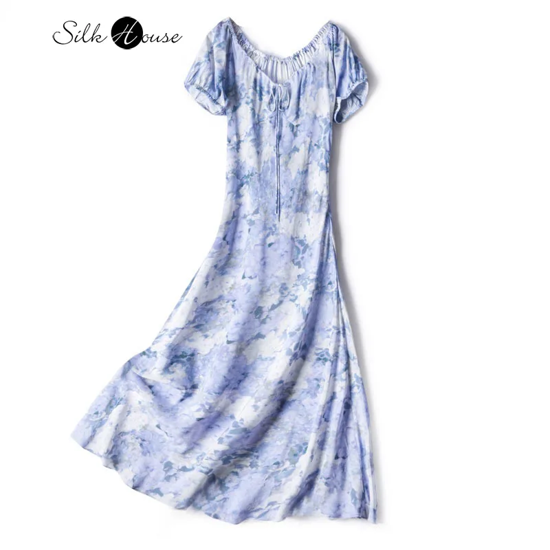 

French Style New 100% Natural Mulberry Silk Double Crepe Diagonal Cut Lace Up Blue Hydrangea Short Sleeved Women's Casual Dress