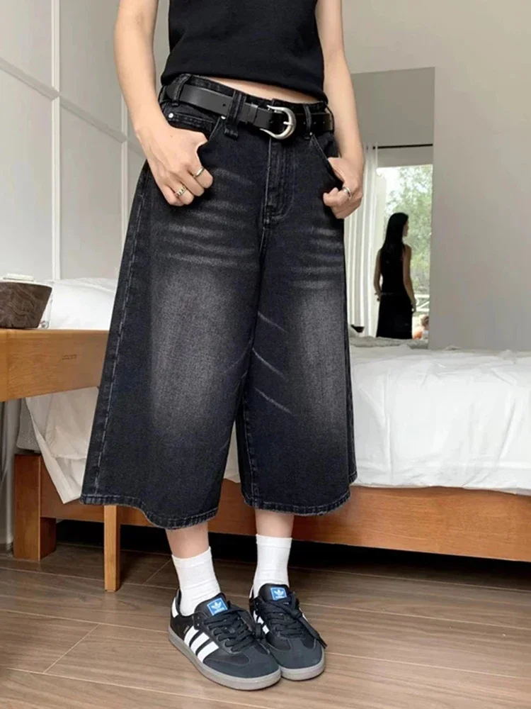 

New Women Black Y2K Style Baggy Denim Shorts Wide Leg Short Pants Fashion High Waisted Dark Wash Knee Length Jeans Female Casual