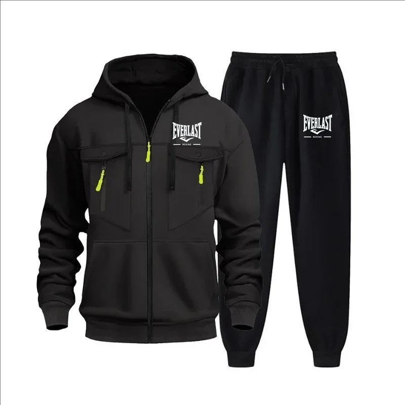 

New autumn and winter trendy men's sportswear set, outdoor windproof zipper men's hoodie jacket and pants 2-piece set