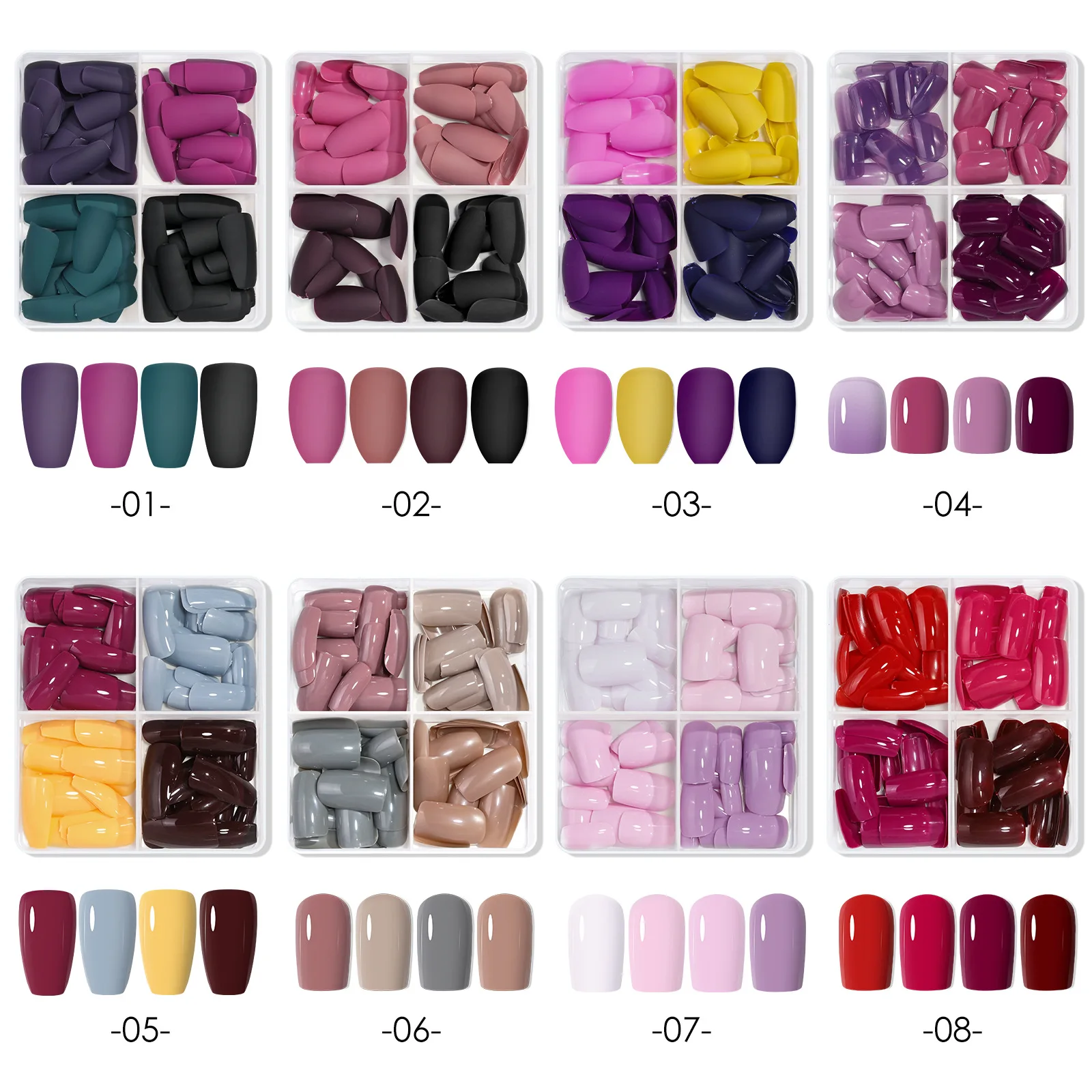 

96pcs Mixed Press On Nails Pink Black Red Classic Matte False Nails Glue On Square Coffin Fake Nail Tips