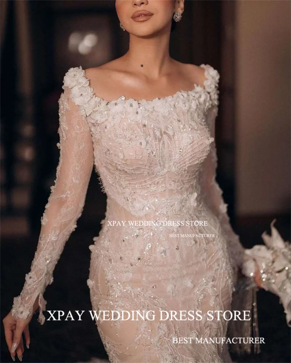 XPAY Square Neck Saudi Arabic Mermaid Wedding Dresses 3D Flowers Lace Appliques Bridal Dress Long Sleeves Bohemian Bride Gown