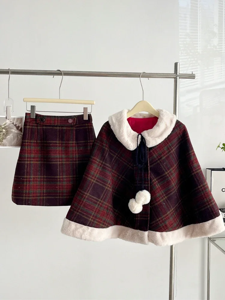 Winter Red Warm Christmas Two Piece Set Women Plaid Preppy Style Sweet Skirt Suit Female Korean Vintage New Year Set 2024 New