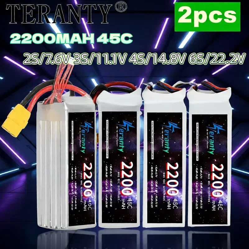 TERANTY 2200MAH 45C 2PCS 2S 3S 4S 6S Lipo Battery For Quad RC FPV Airplane Drone 7.4V 11.1V 14.8V 22.2V Battery T XT60 Plug