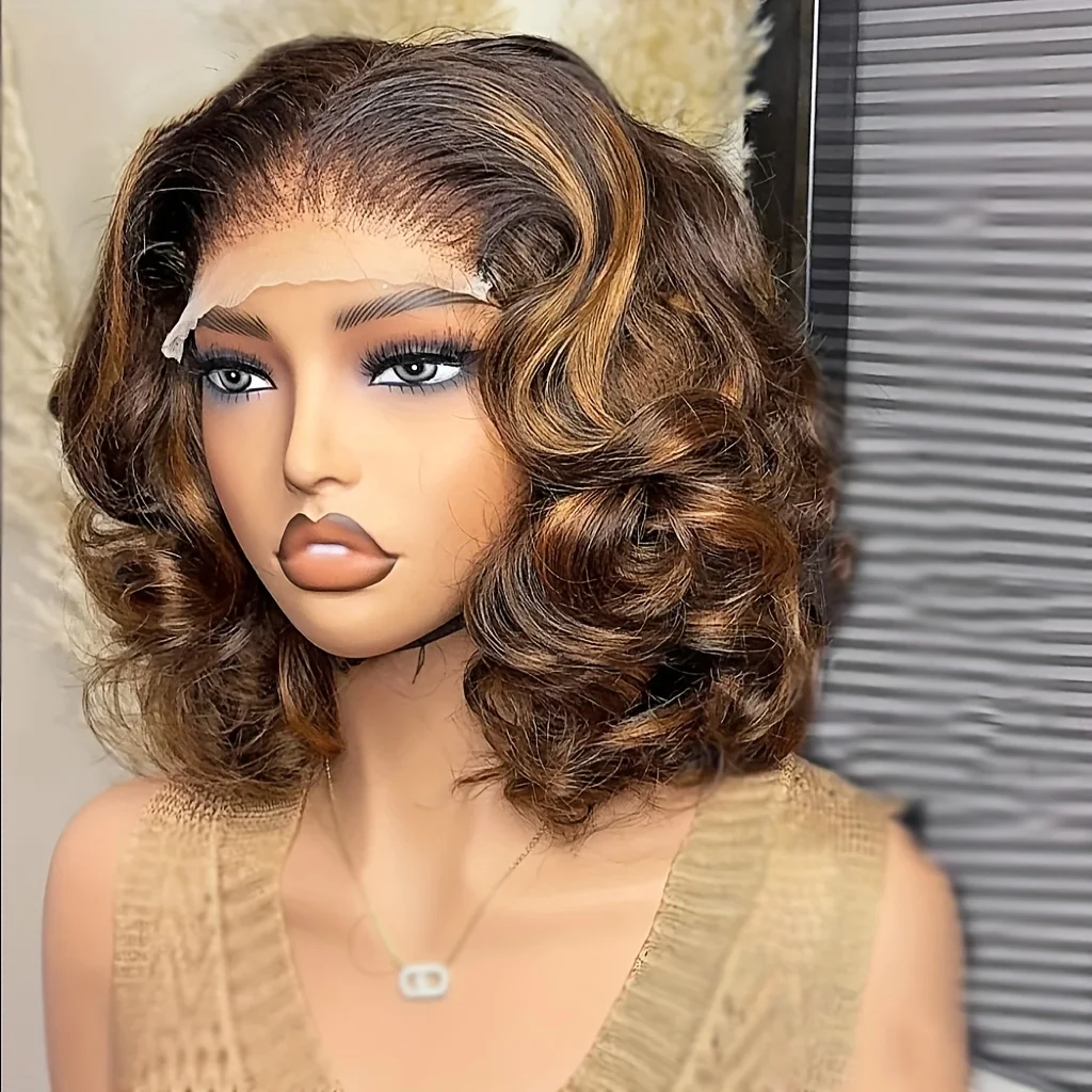 

Soft 20Inch Glueless Natural Highlight Body Wave Short Bob Deep 13*4*1 Lace Front Wig For Women Babyhair Synthetic Daily