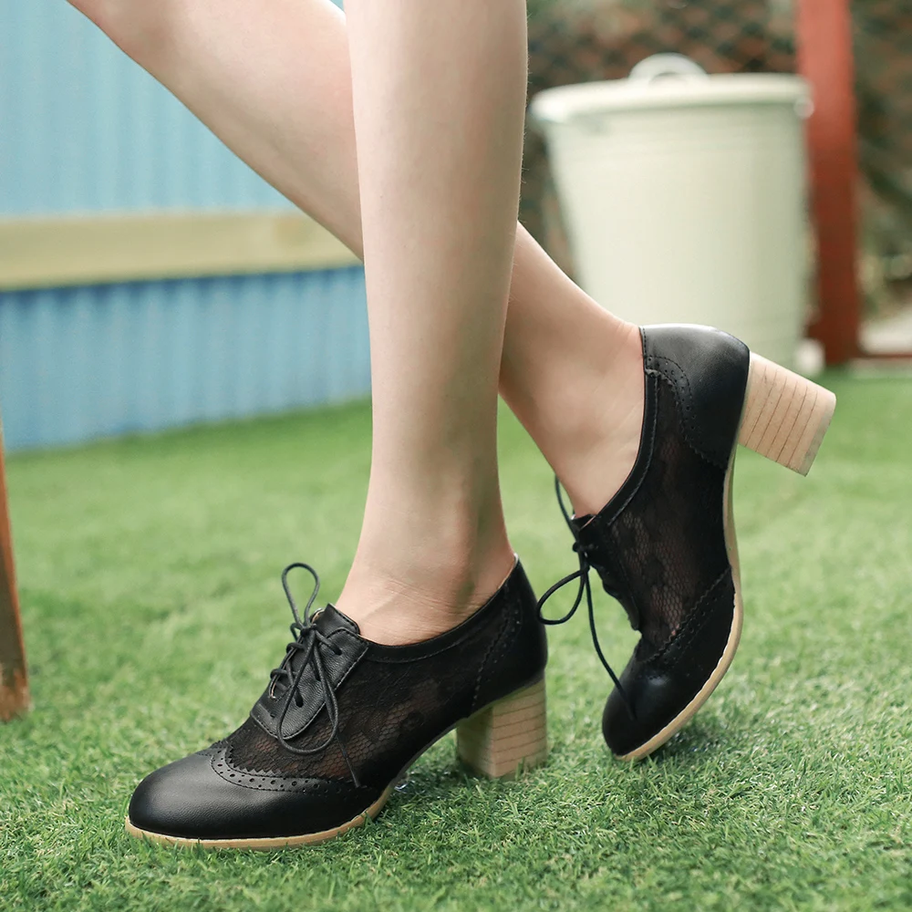 2024 New Women Lace Mesh Breathable Pumps Shallow Brogue Shoes Ladies Vintage Oxford Shoes Lace-Up Chunky High Heels Female34-43