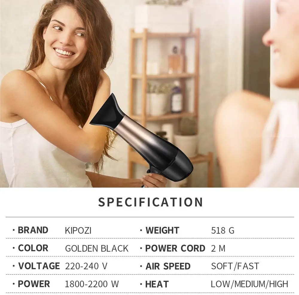 KIPOZI Professional Hair Dryer 2200W High Power Negative Ionic Blow Dryer Fast Dry Salon Grade Powerful Hairdryer Hair Care