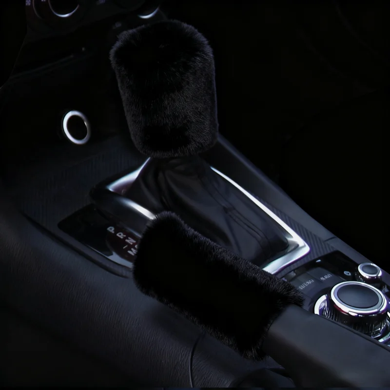 Warm Plush Car Shift Lever And Hand Brake Cover Set round Gear Shift Cover Suitable for Autumn And Winter Two-Piece Set