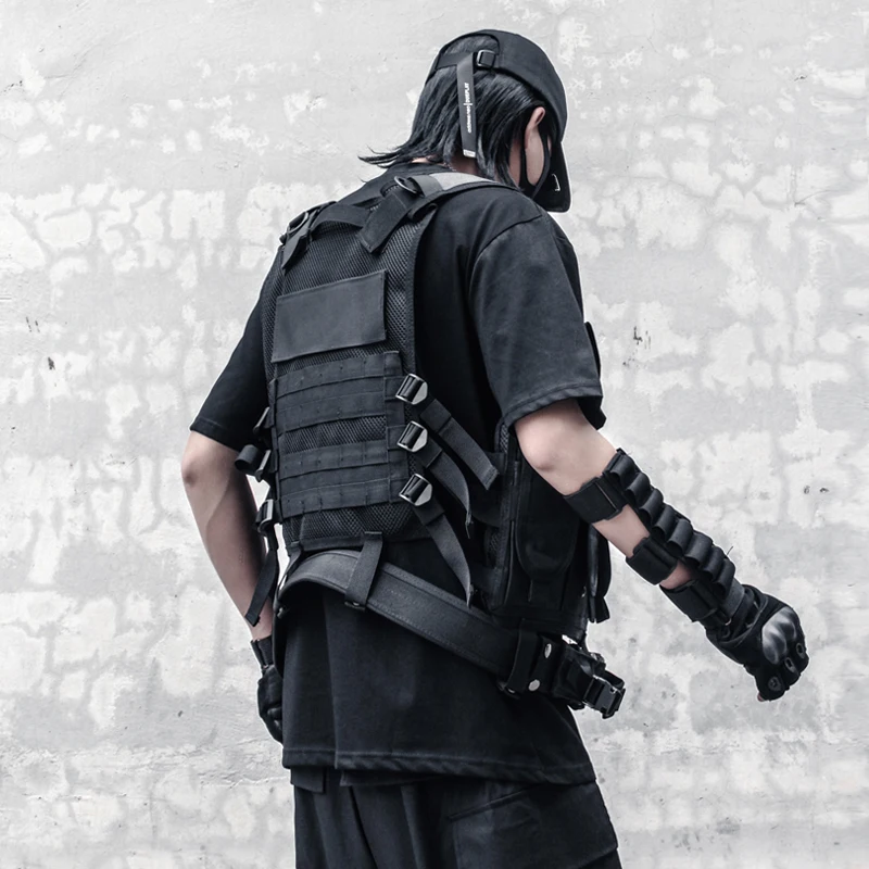 Tactical Vest Men Functional Cargo Vest Sleeveless Coat Drawstring Stitching Casual Vest Techwear