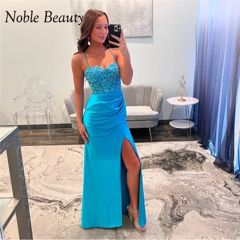 

Applique Lace Mermaid Prom Dresses 2025 Elastic Satin Trumpet Evening Party Gowns For Women Crossed Backless Vestidos de fiesta