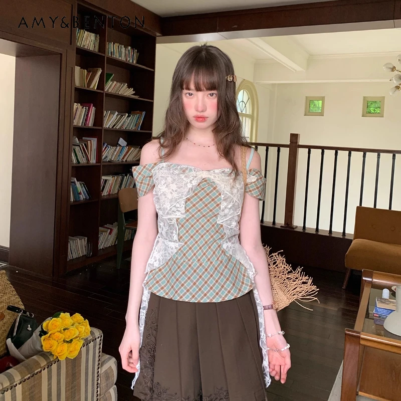 

Unique Design Brown Plaid Off-Shoulder Women's Sling Top Summer New High-End Sweet Mesh Cute Bow Lace Hollw Out T-Shirts Ladies