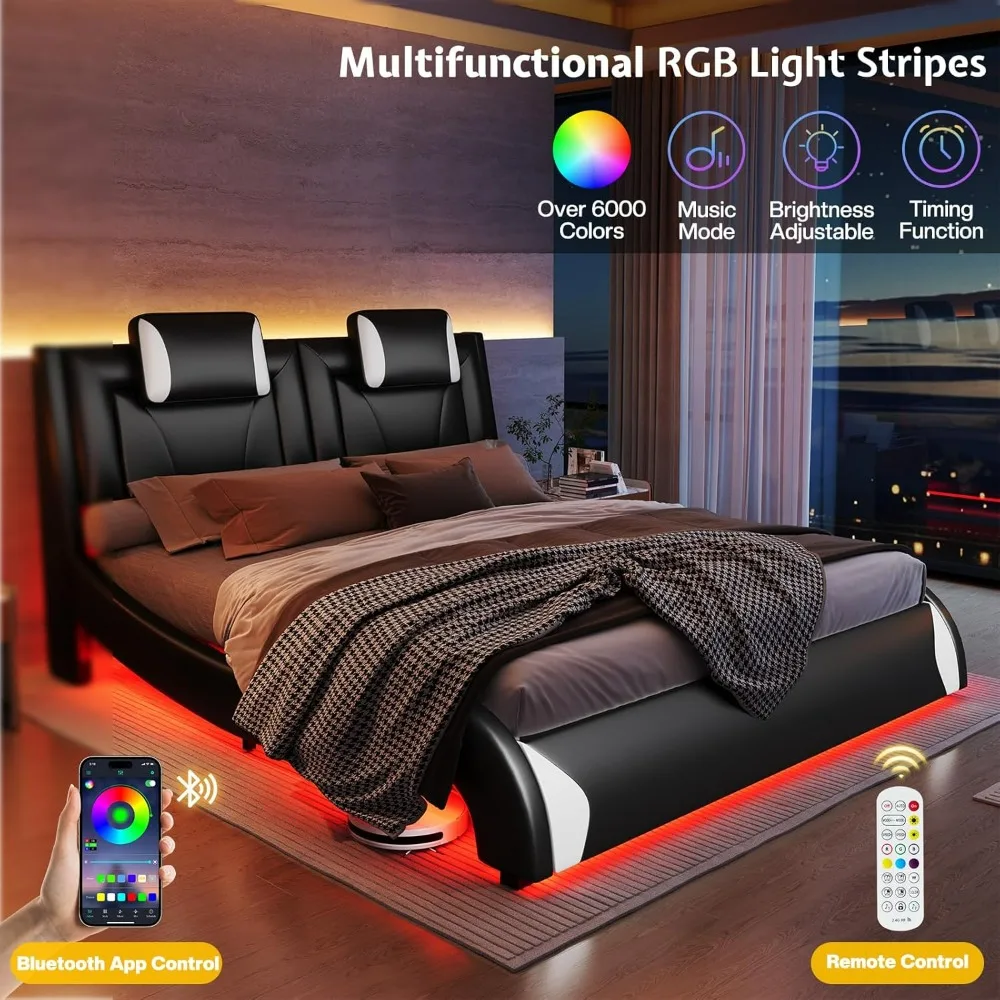 LED Queen Bed Frame, Modern Faux Leather Upholstered Platform Bed, Wave Like Curve Design No Box Spring Needed, Black