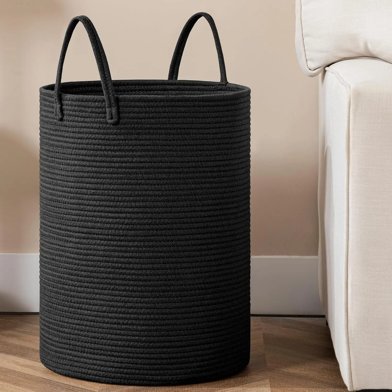 Large Storage Basket Tall Woven Decorative Laundry Hamper With Handles Foldable Cotton Rope for Clothes Kids Toys Living Room