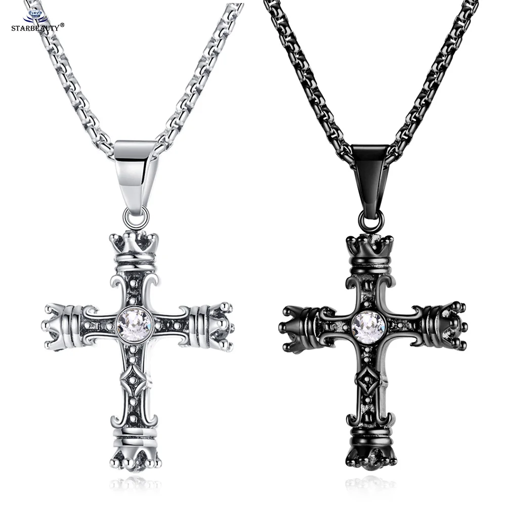 2022 New Tready Stainless Steel Cross Necklaces for Women Black Gold Color Zircon Crown Pendant Necklace Men 3x55cm Square Chain