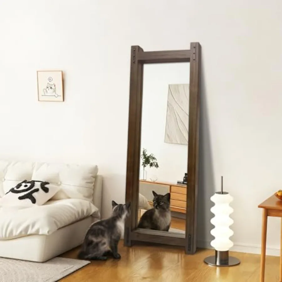 Farmhouse wooden standing full length mirror, rustic brown finish, natural wood grain texture, space-saving wall-mounted design