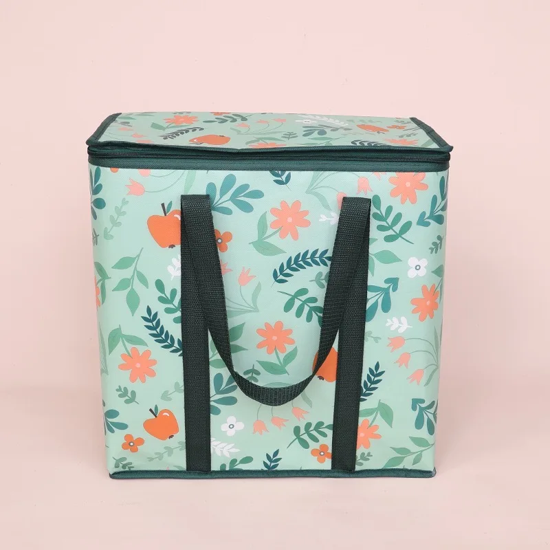 2 Oversized Green Floral Pattern Insulated Bags for Long-Term Insulation/Refrigeration, Used for Outdoor Camping and Shopping