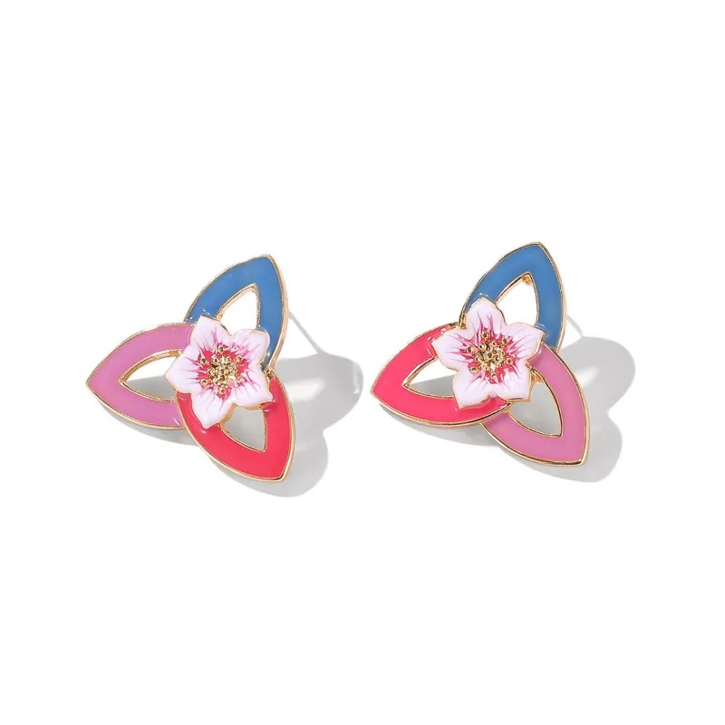 Niche Temperament Enamel Glaze Little Pink Flower Triangle Stud Earring Fresh Versatile Three-color Geometric Earrings for Women