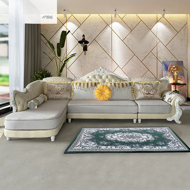 أريكة قماش أوروبية قابلة للإزالة والغسل محظية من الخشب الصلب نحت تكنولوجيا الزهور أريكة من القماش #2