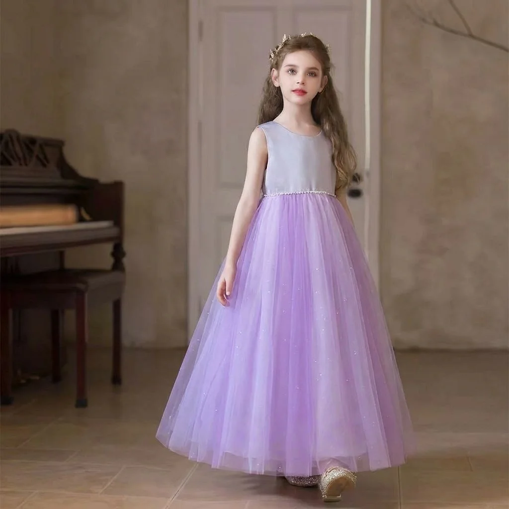 

Лавандовое платье для девочек с цветочным узором, тюлевое, с жемчужным поясом, без рукавов, для принцесс, на свадьбу, вечеринку, день рождения, для конкурсов красоты, блестящее, в пол