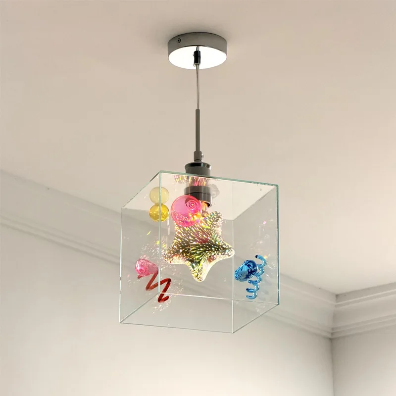 Memphis Bedside Pendant Light Children's Room Entryways Dining Bedrooms Minimalist Fishing Line Creative Square Colorful Fixture