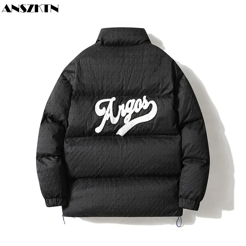 ANSZKTN 2022 new autumn and winter men's cotton casual cotton clothing men's thick jacket stand collar solid color letter bread