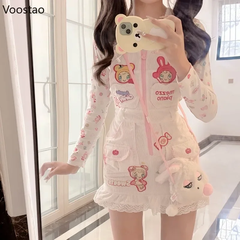 Vestido de tirantes estilo Lolita japonés para mujer, minivestido de fiesta con bolsillo bordado de dibujos animados de conejito dulce, vestido de princesa Kawaii Y2k