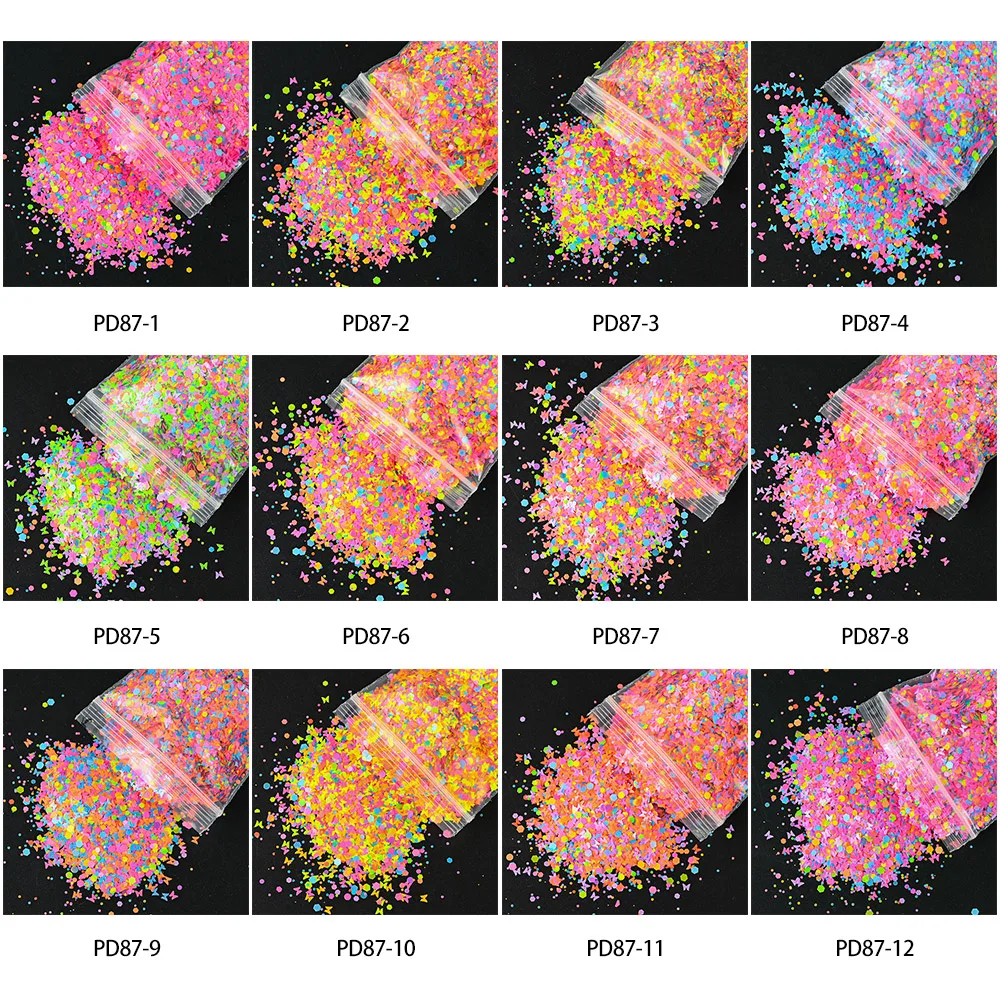 50g Neon Buttefly/Round Dot /Heart/Hexagon Glitter Sequins Mixed-Color Halloween Butterfly Sequins DIY Fluorescent Sequins &*&