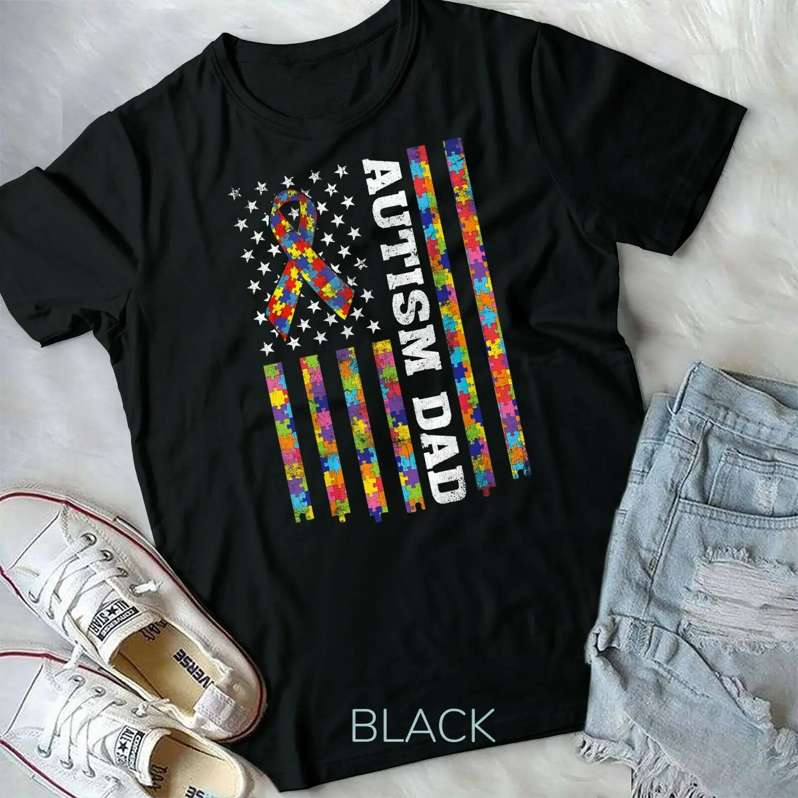 

Autism Awareness Proud Autism Dad Vintage USA Flag Gift Men T-Shirt