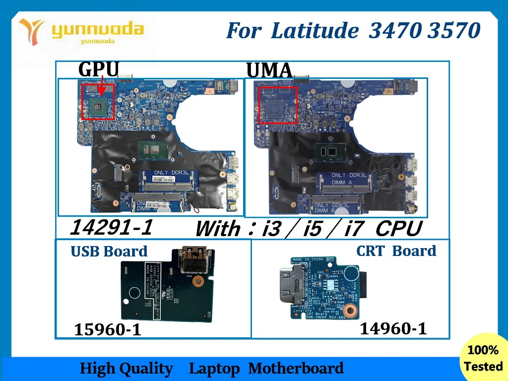 

14291-1 для ноутбука Dell Latitude 3470 3570, материнская плата с процессором I3 I5 I7 15960-1, плата чтения карт USB 14960-1 CRD board teste