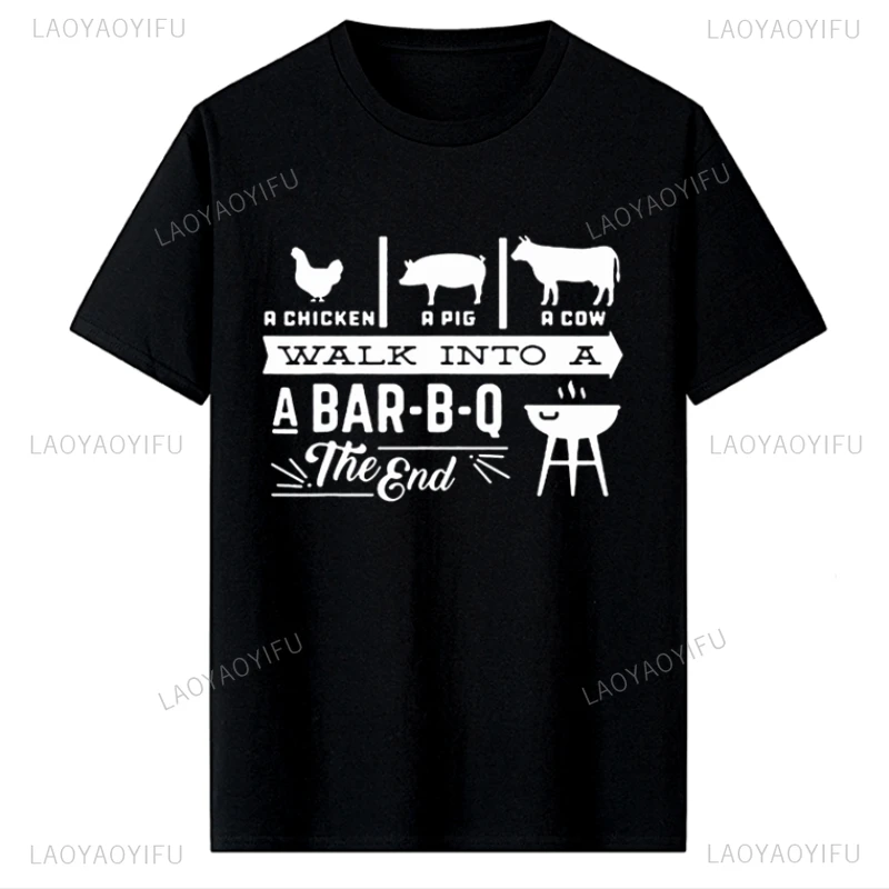 A Chicken Pig Cow Walk Into Barbecue BBQ printed T Shirts Funny Men Summer Cotton t-shirt Harajuku Short Sleeve Streetwear tees