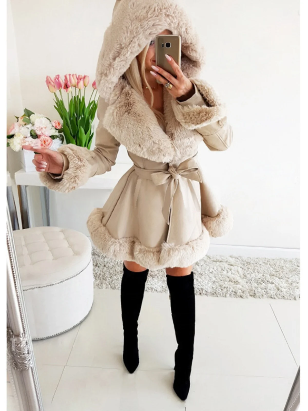 

Women's Hooded Plu Coat Winter Warm Faux Fur Waist-Cinching Outerwear Long Sve Commute Sle Midi Length Faionable