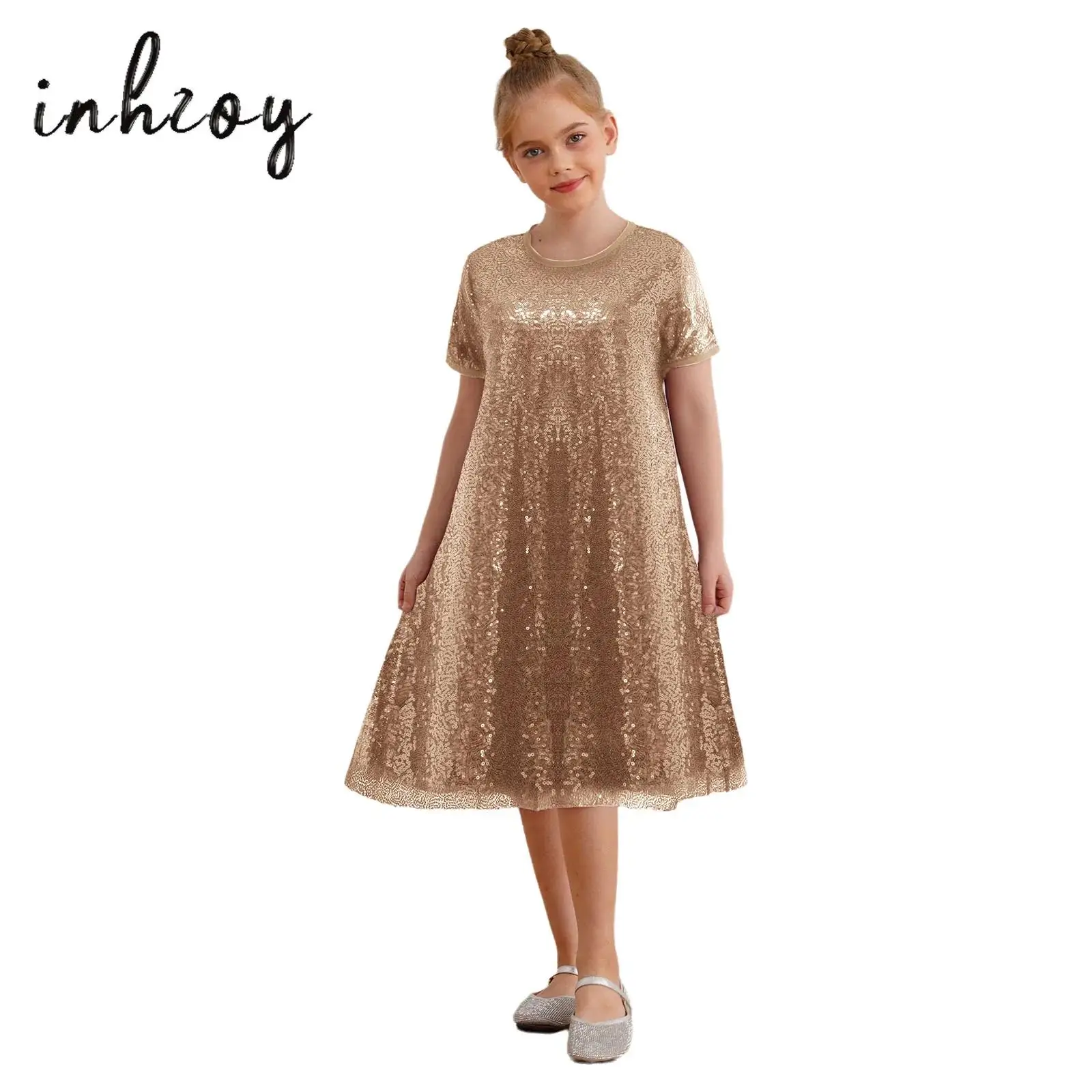 Abito da principessa per bambina, moda estiva, girocollo, maniche corte, paillettes scintillanti, abito da festa per spettacoli di compleanno