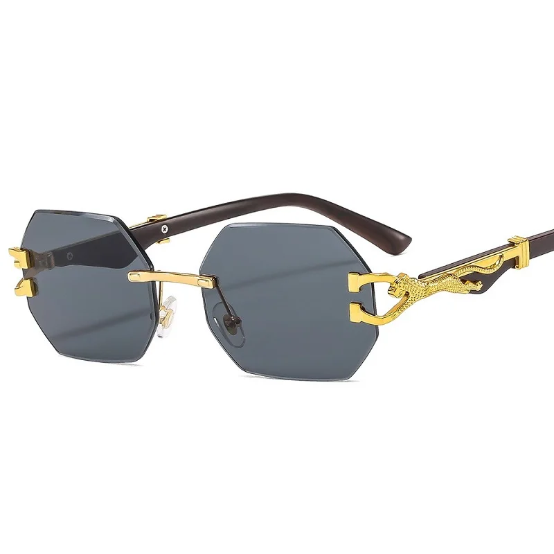 Luxury Rimless Octagon Sunglasses for Men Leopard Decor Metal Temple UV400 Sun Shades Trendy Business Eyewear