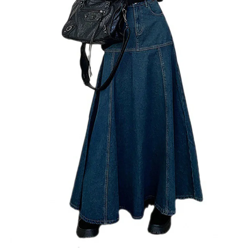 

Women Long Denim Skirt Summer High-waisted Casual Patchwork A-line Maxi Skirt Elegant Wrap Fishtail Skirt