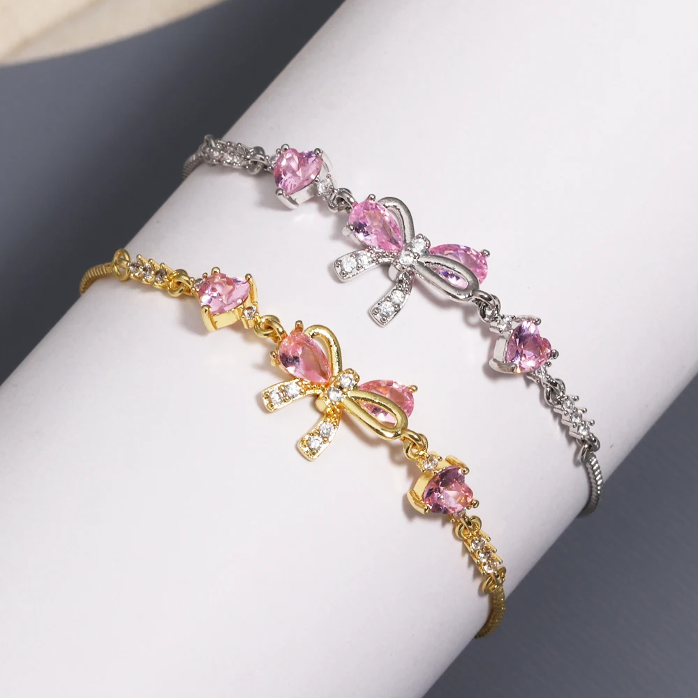 Elegant Inlaid Pink Zircon Bowknot Bracelets Gold Color Heart Charm Bracelet For Women Fashion Jewelry Accessories Party Gifts