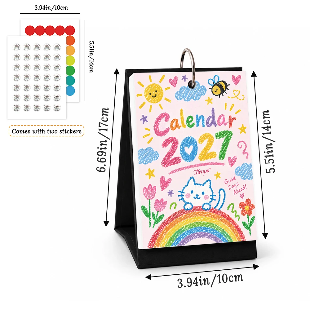 1pc 2027 Custom Photo Desk Calendar,Crayon Doodle Rainbow Cat Table Calendar with Stickers, Birthday Christmas New Year Gift