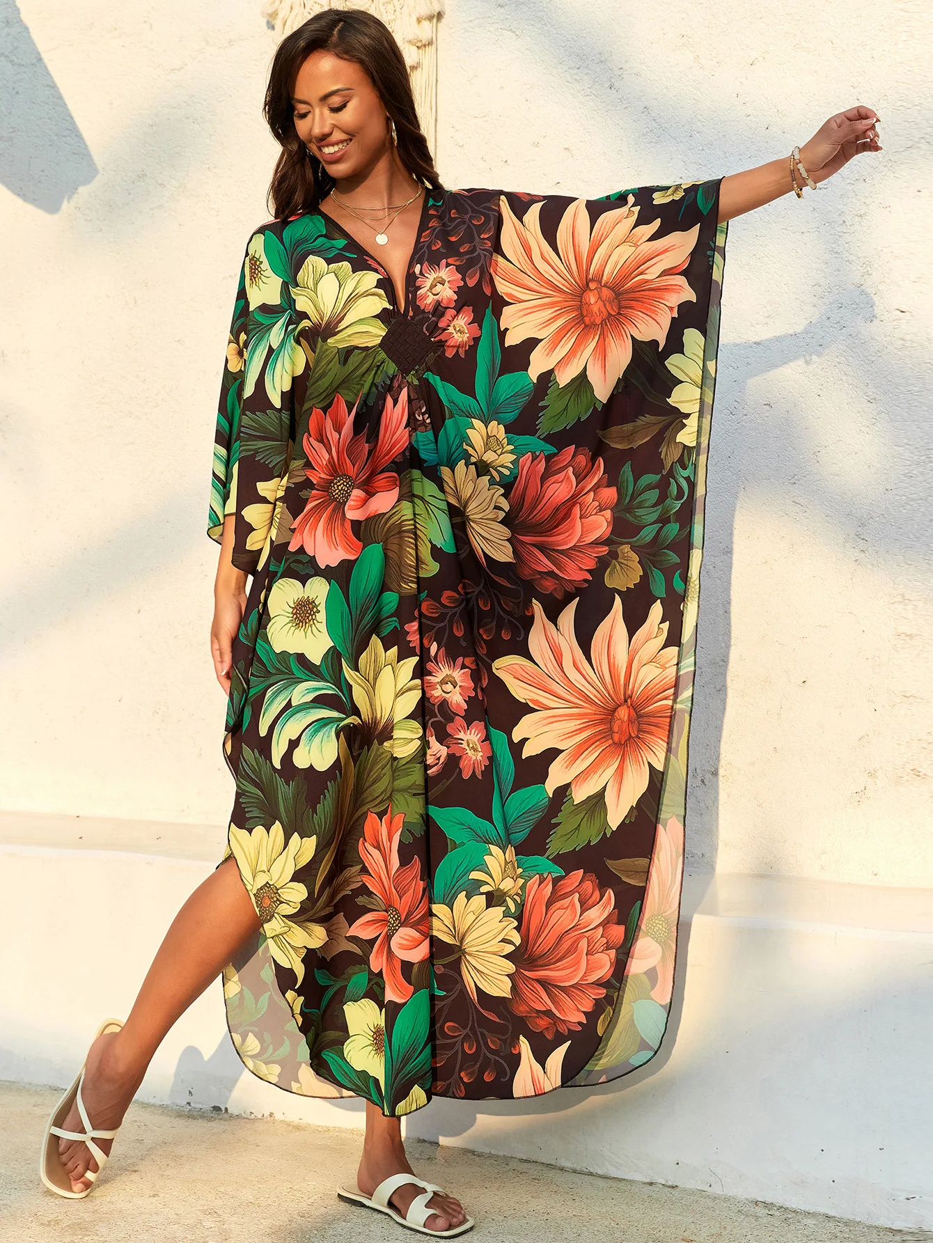 Women Stylish Caftans Plus Size Beach Cover Up Soft Loungewear Batwing Sleeve Summer Swimsuit Dresses