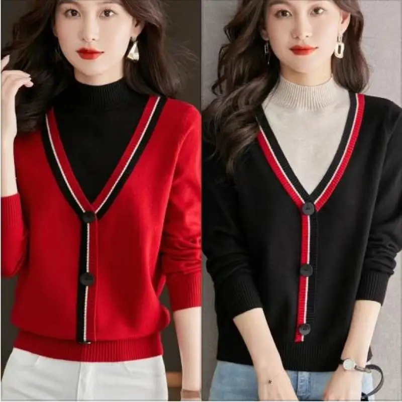 Fake Two Pieces Knitted Sweater Women Patchwork Half High Neck Soft Thicken Warm Pullover