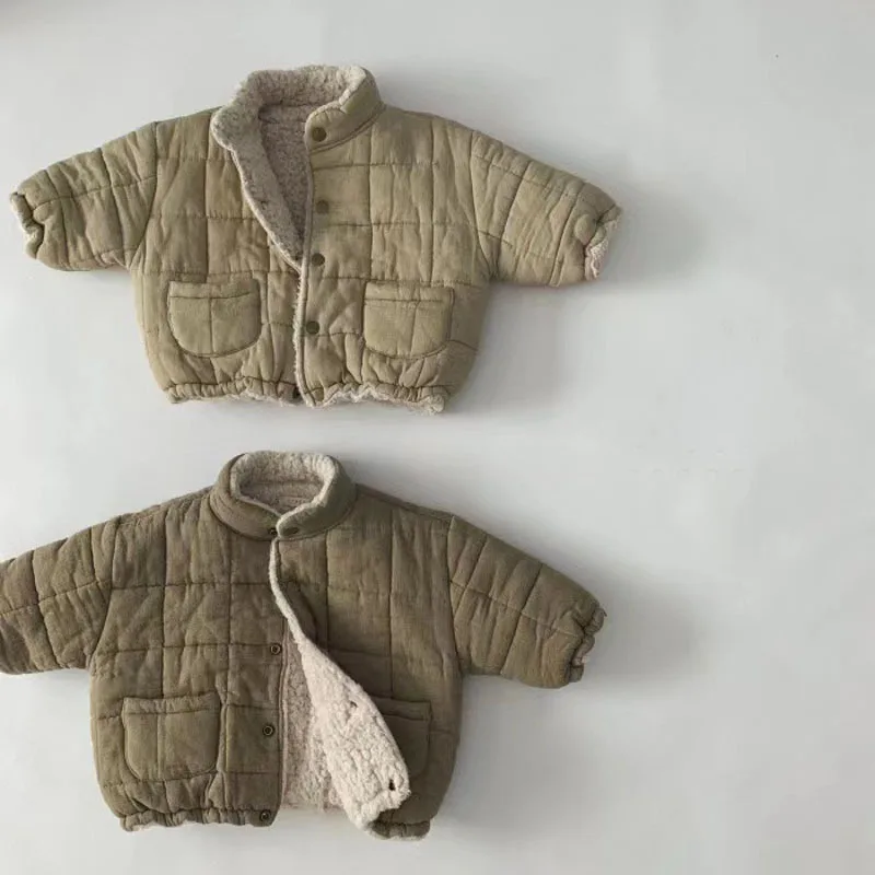 WOOFOO Korean Style Unisex Baby Winter Jacket Fleece Lined Thick Cotton Simple High Collar Bread Coat for Boys And Girls