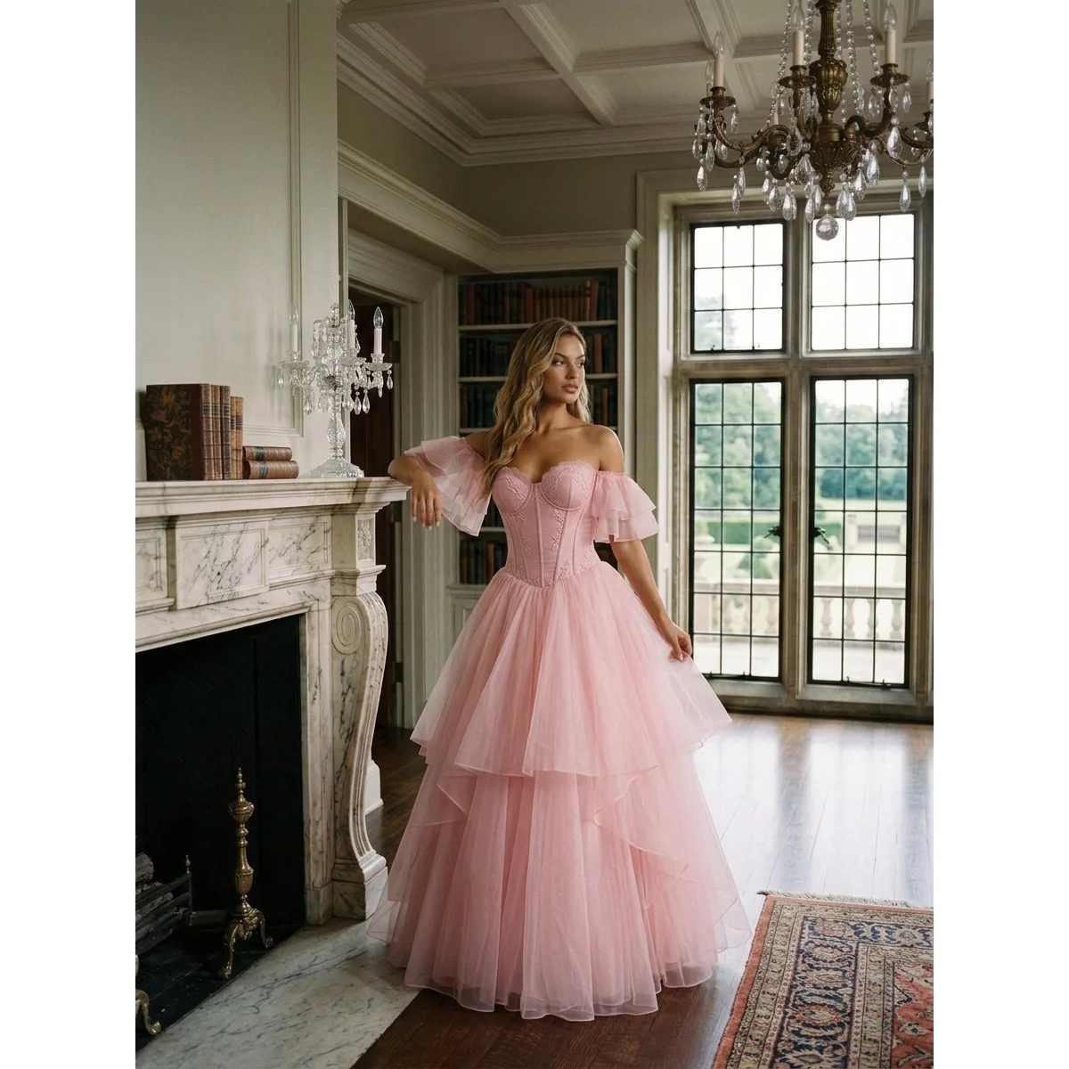 French Vintage Pink Layered Ball Gown Corset Bodice Off Shoulder Quinceanera Dress ML260081