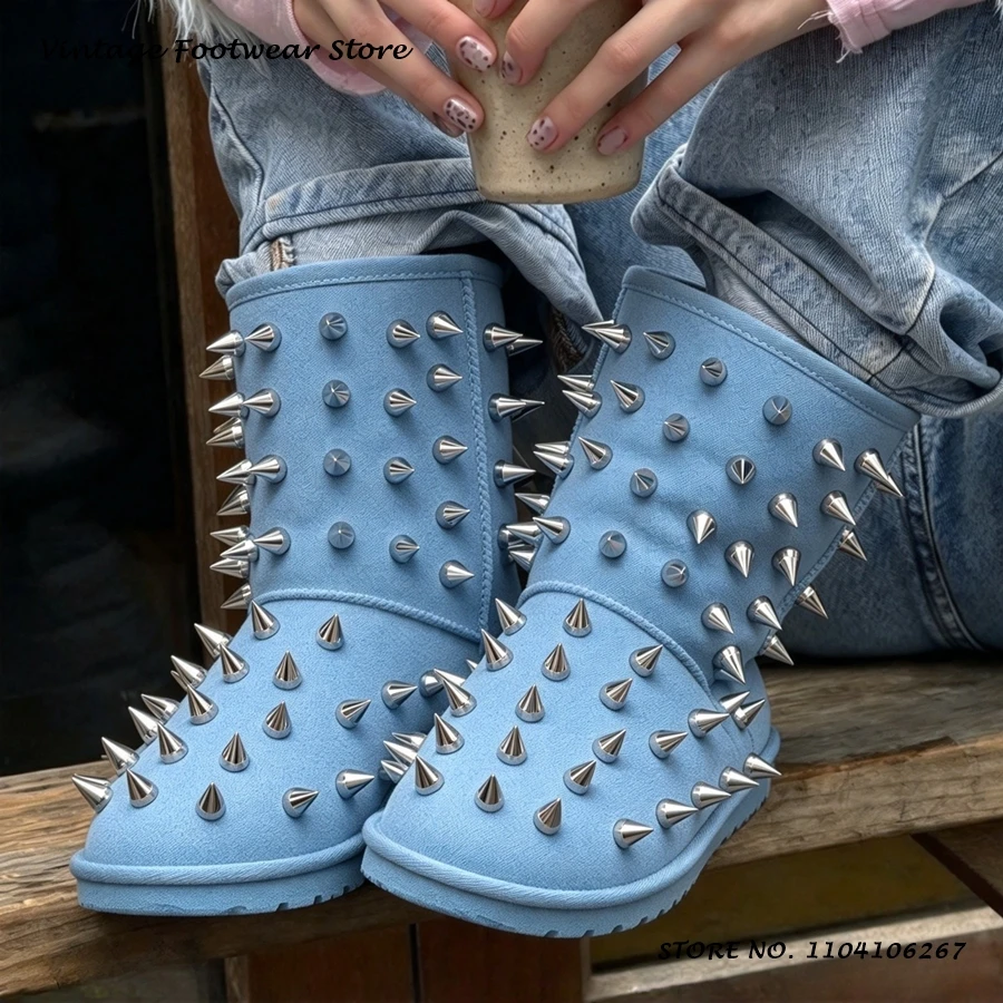 Spikes Embellished Warm Snow Boots Solid Round Toe Thick Sole Plus Size Casual Shoes Women's Autumn Winter Street Style Booties