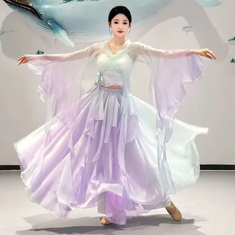 

Classical dancer performance costumes chiffon cardigan practice dance clothes body rhyme long outer Chinese style folk dance