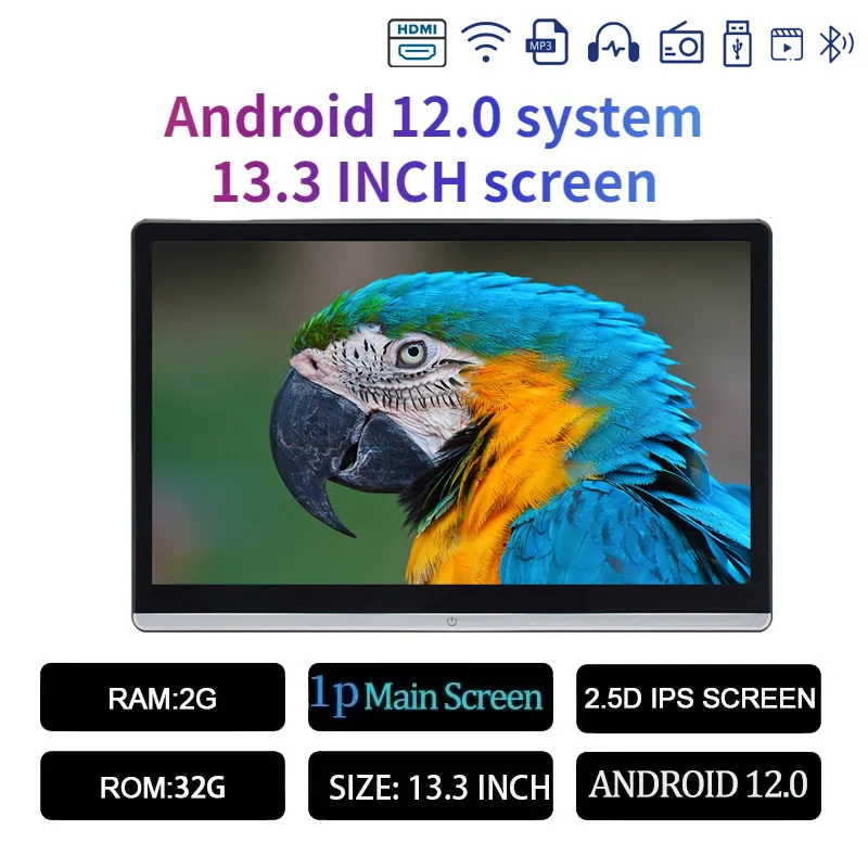 13.3/14 "Auto Hoofdsteun Monitor Display IPS Android 12 2G + 32G/4G + 64G/8G + 128G Touchscreen Voor Auto Achterbank Speler Dual HDMI Muziek
